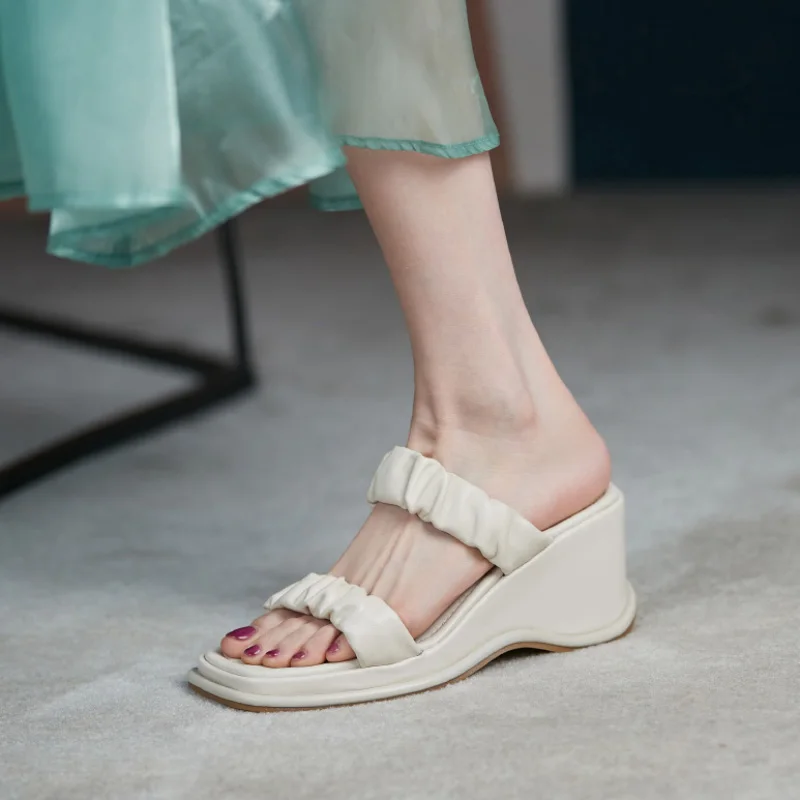 

2021 Summer Women Slippers Genuine Leather Cowhide 7cm Wedges Non-slip Soles Shoes European Minimalist Slides Outside