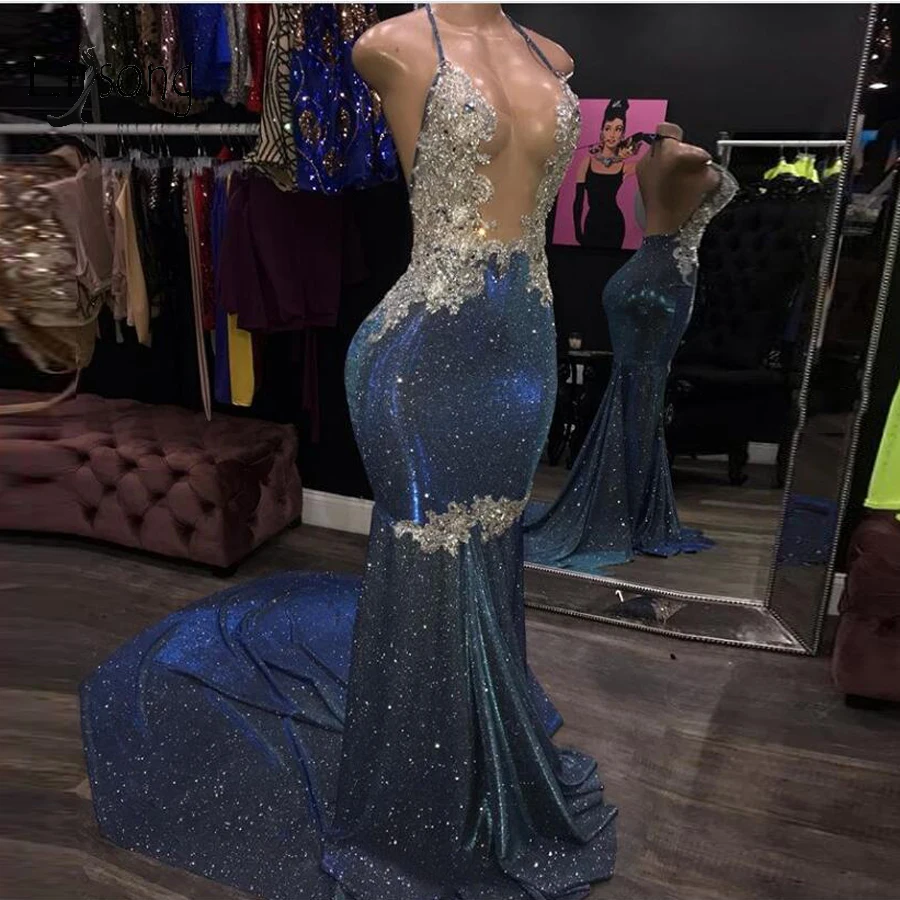 

Sexy Sparkle Crystal Mermaid Prom Dresses 2020 Real Image Backless Long Prom Gowns Halter Formal Party Dress Custom Made