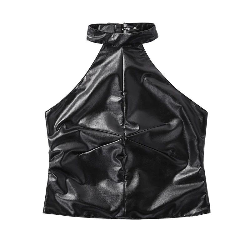 Женские сексуальные топы с эффектом мокрого вида черная искусственная кожа