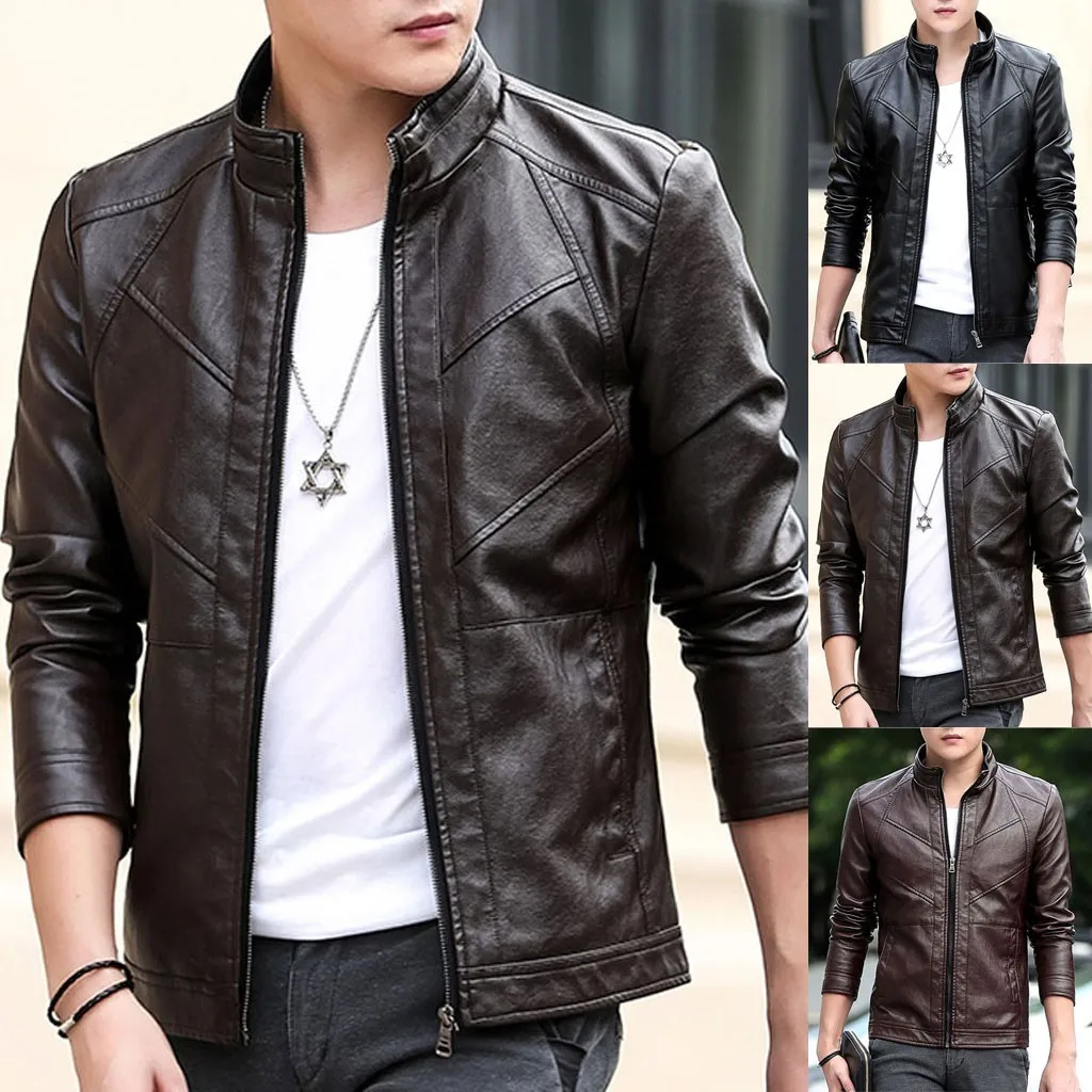 Мужская кожаная куртка демисезонная для мужчин Байкерская мотоциклетная на