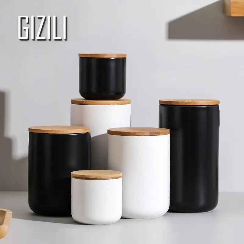 

Ceramic Food Storage Container Wood Lid Moisture-Proof Sealed Jar Kitchen Storage Bottles Tea Coffee Beans Grains Candy Tank