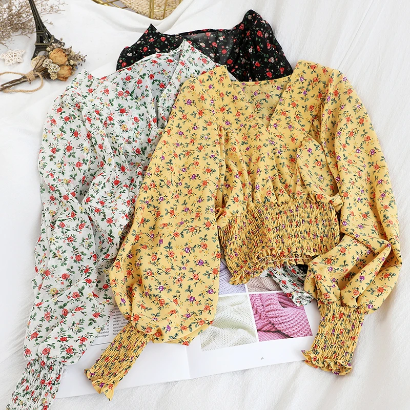 Женская шифоновая блузка с V образным вырезом и рукавами фонариками|Рубашки| |