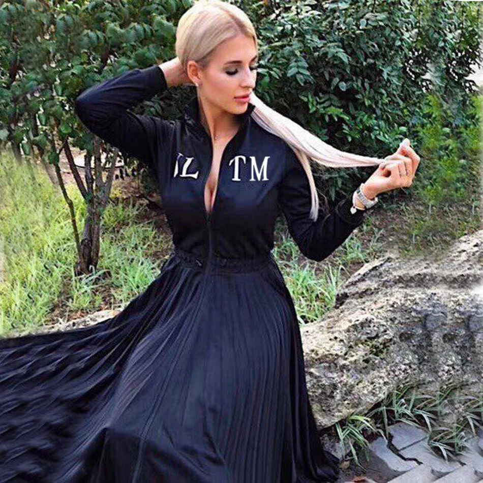Latest women's spring pleated dress black office elegant long-sleeved stand collar celebrity party Vestidos | Женская одежда