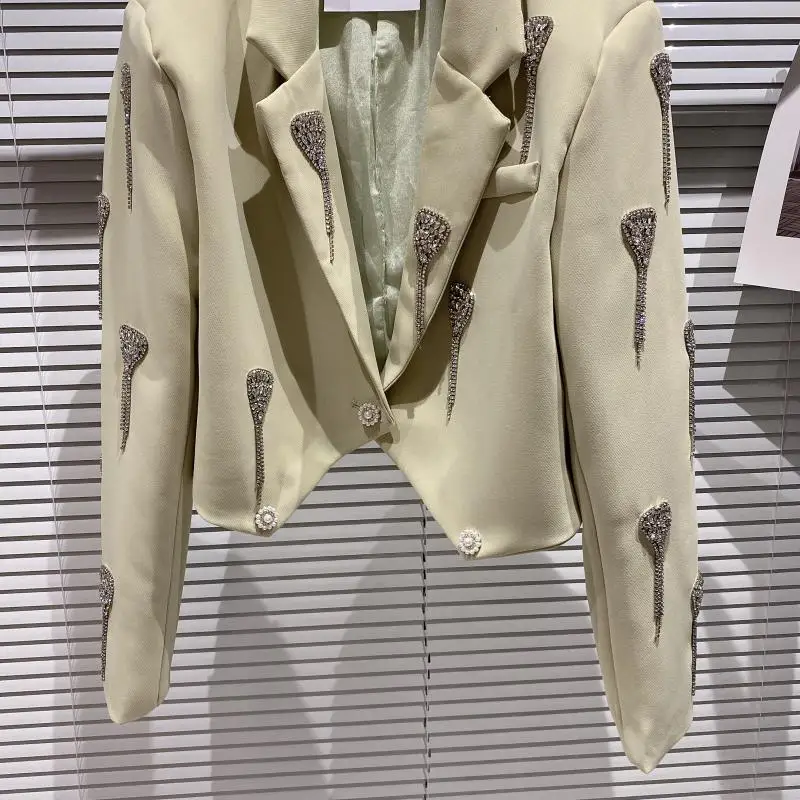 

2021 Spring Autumn New Women's Blazer Suit Tassel Drill Chain Business Outfits Suit Coat Five-Point Pants 2-piece Top & Pant Set