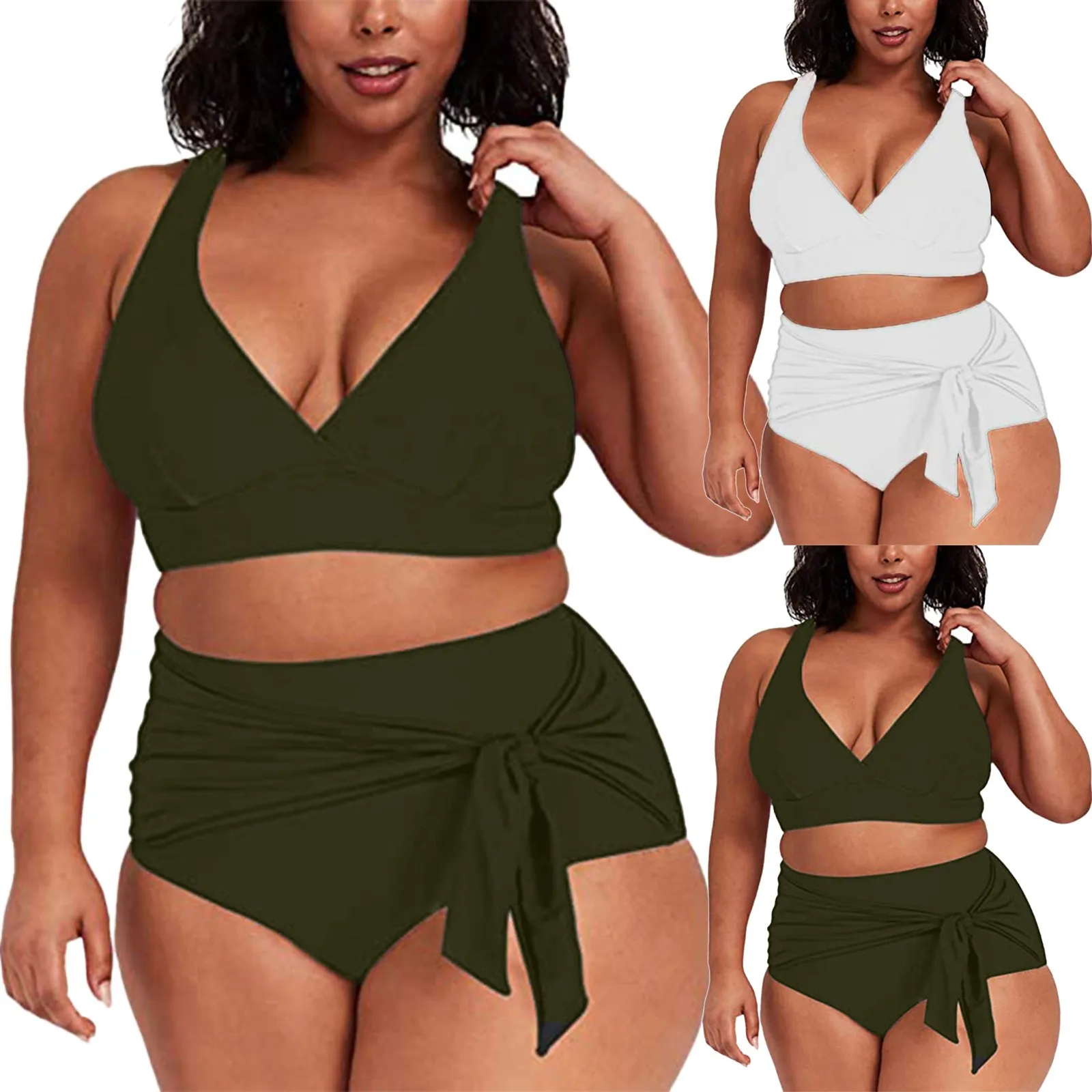 Women's swimsuit High Waist Solid Color Printed Split Swimsuit Ladies Large Bikini 2 Piece Swimwear купальники женские 2021 #40