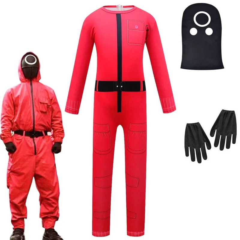

Squid Game Villain Red Jumpsuit Cosplay Costumes Round Six Npc Circle Triangle Square Mask Strap Belt Accessories Halloween