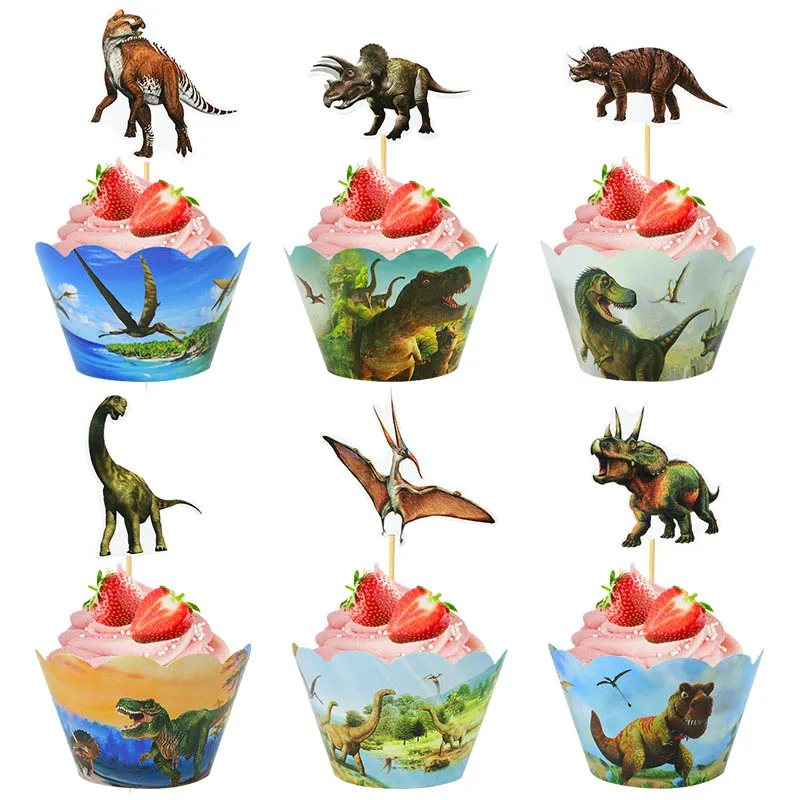 

24pcs/set Dinosaur Cupcake Wrapper Dino Jungle Safari Birthday Cake Toppers Happy Birthday Party Decoration Baby Shower Supplies