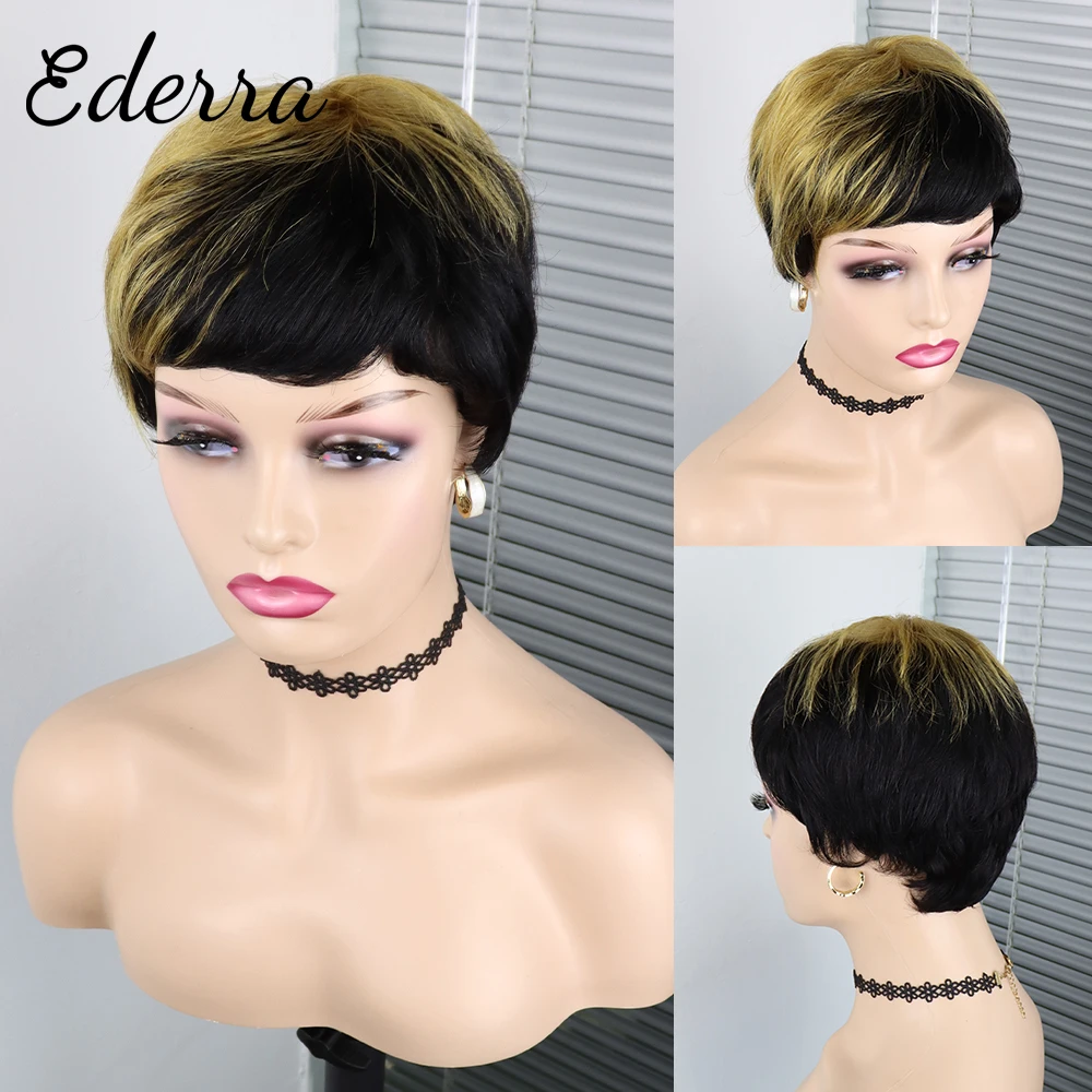 

Black Color Glueless Short Human Wigs With Bangs Non Lace Brazilian Virgin Hair Pixie Cut Wig For Black Women Cheap Hair Bob Wig
