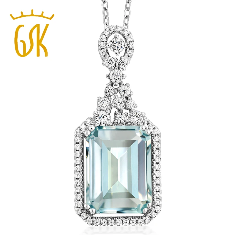 GemStoneKing 7,24 карат восьмиугольник небесно-голубой искусственный аквамарин 925 пробы Серебряное винтажное ожерелье с подвеской для женщин хорошее ювелирное изделие