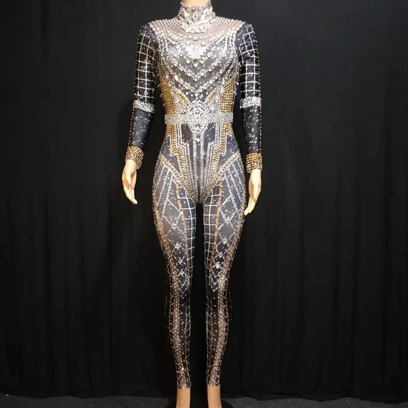 Colorful Full Rhinestones Elastic Leotard Bodysuit Female Jazz Dance Teams Costume Nightclub Bar DJ Singer Concert Stage Outfits