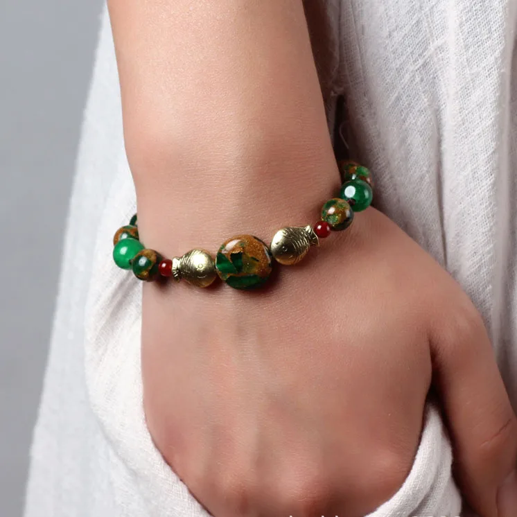 Новый оригинальный зеленый браслет с фиолетовыми кристаллами этнический ручной