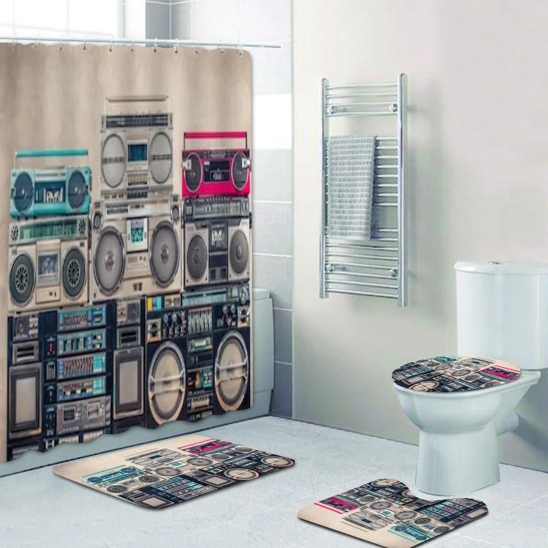 Retro Old School Boombox Shower Curtain Set Funny Ghetto Blaster Music Musical Bath Curtain for Bathroom Rug Home Decor Cassette