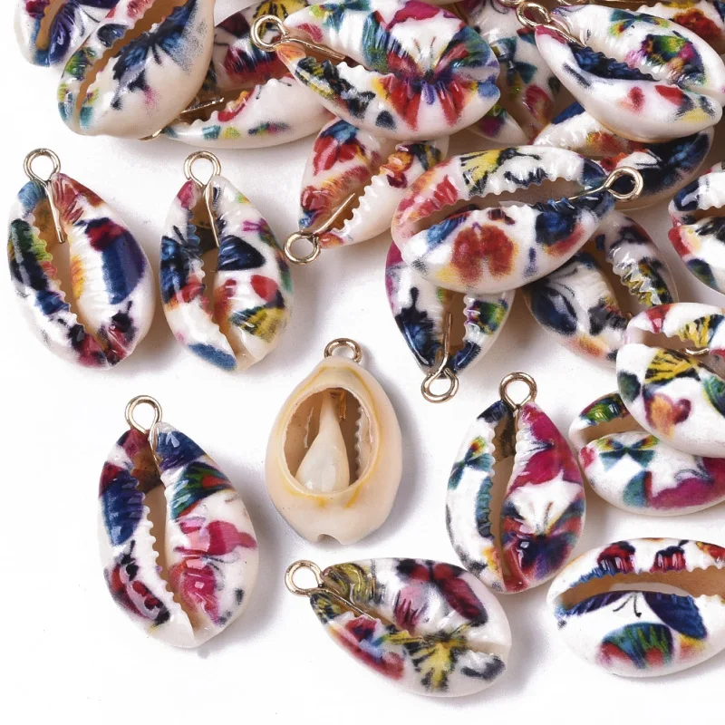 

Подвеска из натуральной раковины Коури с красочным цветочным принтом, морские Подвески, раковины, ракушки, подвески для браслета, ожерелья, ...