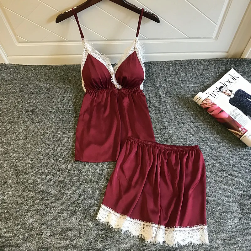 Пижама женская атласная с V образным вырезом и шортами 4 цвета|Комплекты пижам| |