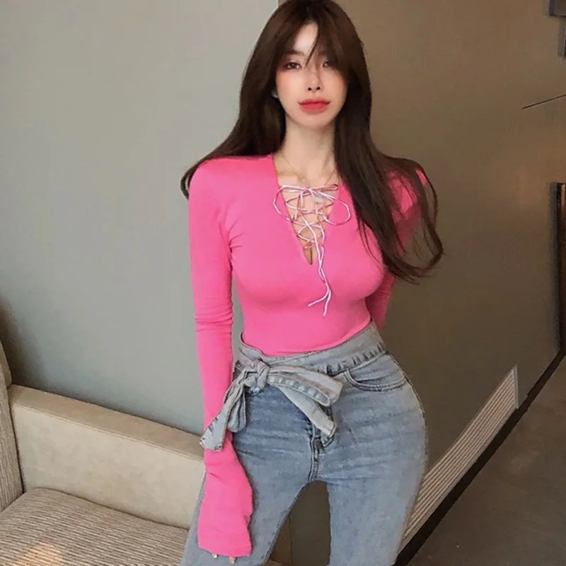 

Sexy Deep V Neck T-Shirts Women Slim Cross Strap T Shirt Feamle Solid Color Hollow Long Sleeved T-shirt Tops ,