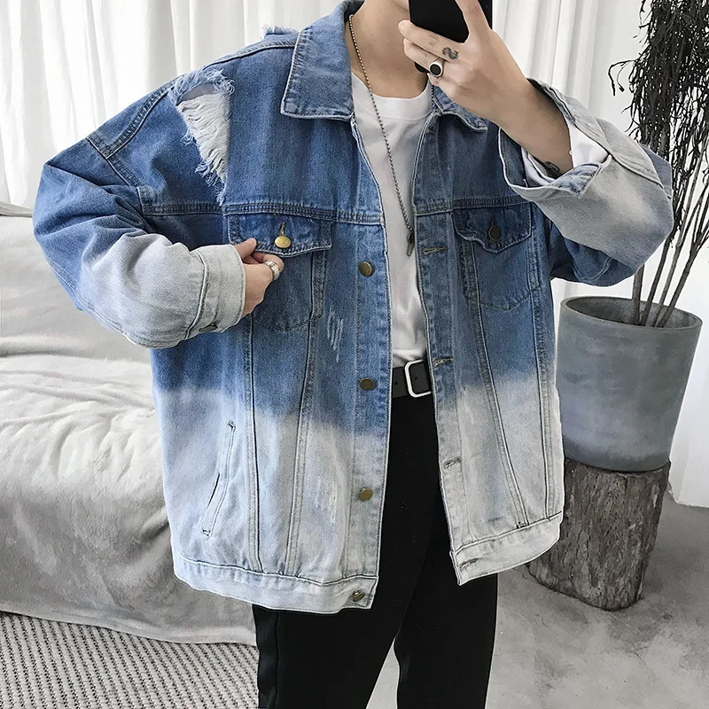 

Patchwork Denim 2 colors Loose Fit Spliced Mixed Color Hollow Out Denim Jacket New Lapel Long Sleeve Man Coat F BY199