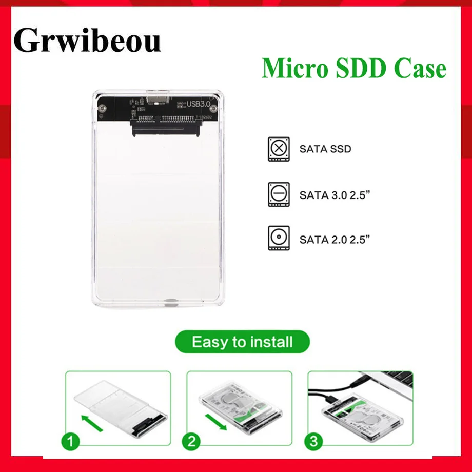 Чехол для жесткого диска Grwibeou USB 3,0, чехол для жесткого диска 2,5 дюйма с последовательным портом SATA SSD, чехол для жесткого диска с поддержкой порта 2 ТБ, прозрачный внешний жесткий диск для мобильного телефона - изображение