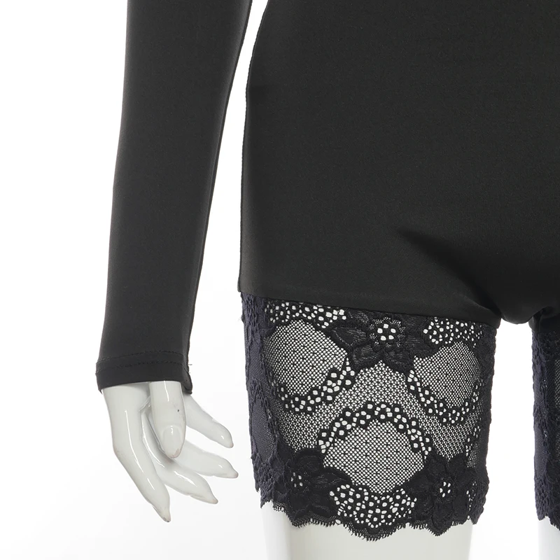 

Plugalong Lace Pathcwork Biker Shorts Rompers Women Long Sleeve Overalls For Women 2021 Black Streetwear Playsuits Sportswear