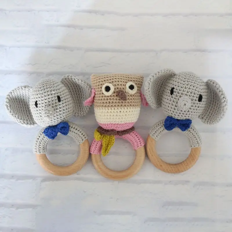 

2021 New Baby Wooden Teether Ring DIY Crochet Elephant Rattle Soother Teething Molar Toy