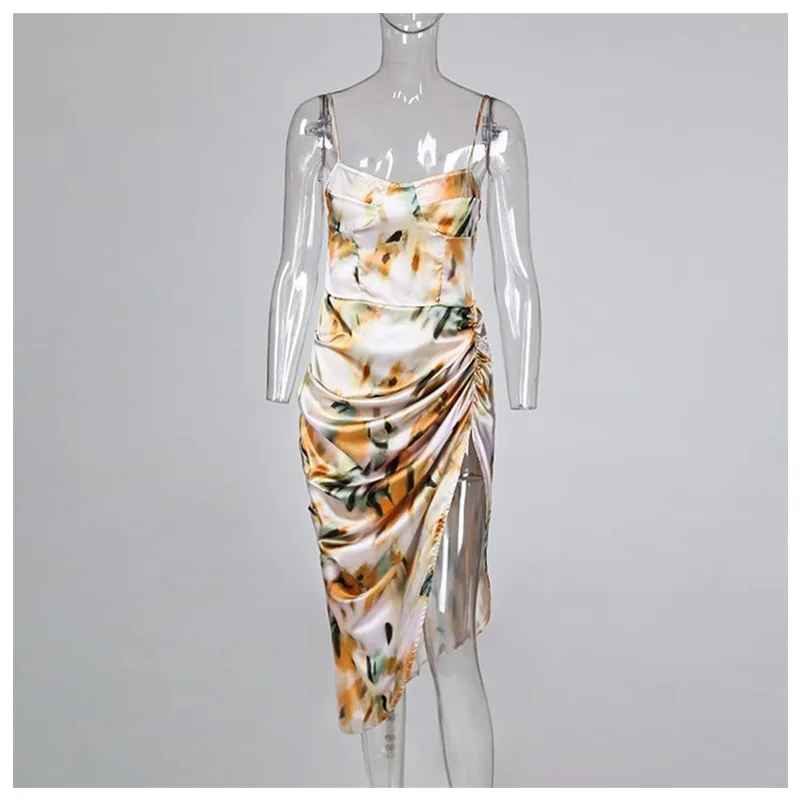 

Donsignet Fashion Women's Dress New Summer Casual V-neck Hedging Print Sexy High Seam Pleated Floral Waist Split Dress