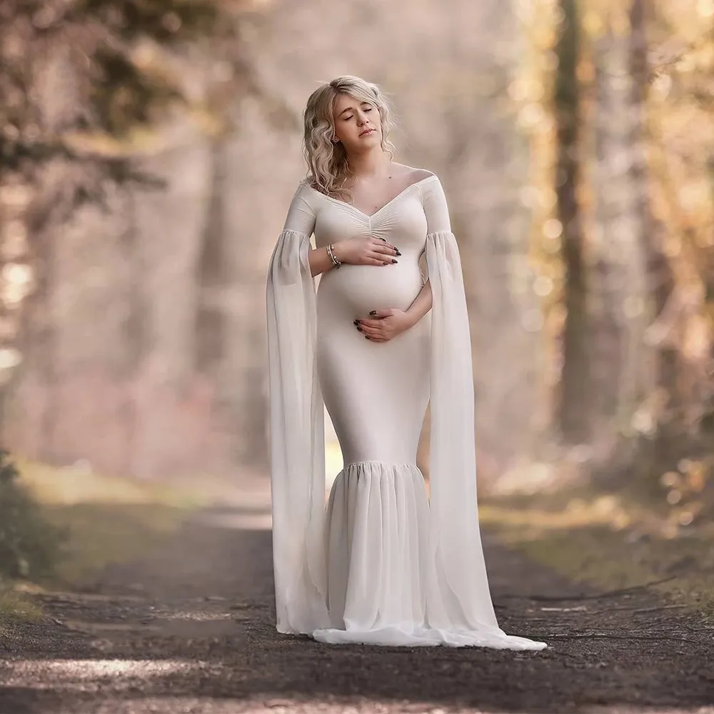 Long Full Sleeve Maternity Dress Photo Shoot Soft Cotton Maxi Maternity Gown Sexy Maternity Photography Props Baby Shower Gift