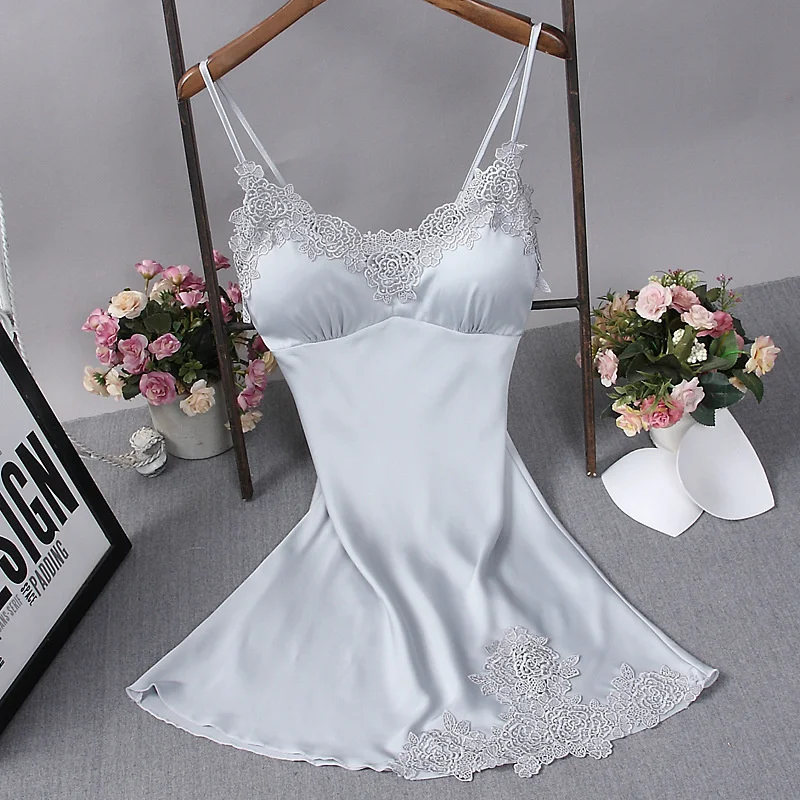 

Sexy Womens Nightdress Oversize M-4XL Silky Satin Lace Strap Sleep Dress Sleepwear Home Wear Nightgown With Chest Pad Night Gown