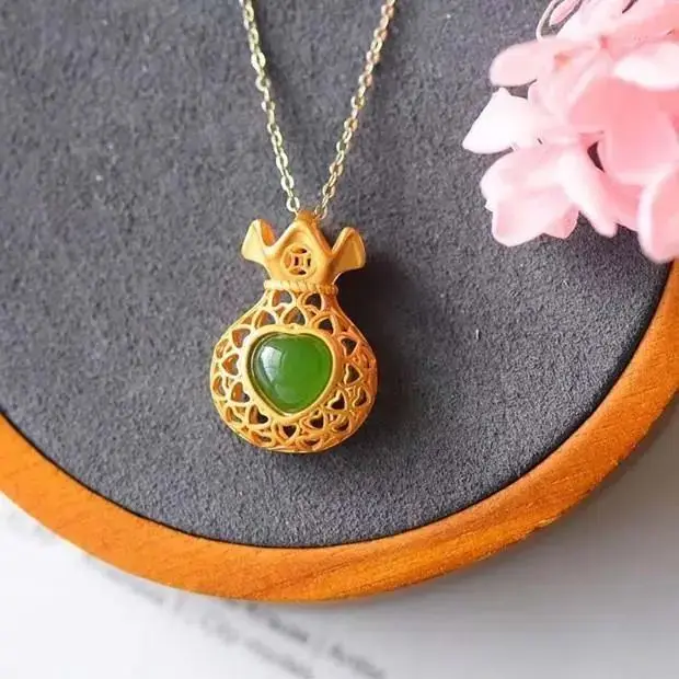 

Natural Hetian Jade Green Jade Gray Jade White Jade Inlaid S925 Sterling Silver Ancient Style Thick Gold Lucky Bag Pendant Retro