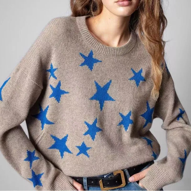 

Женские пуловеры, свитер из 100% шерсти, новинка 2021, пуловер на сезон осень-зима, Топ с длинным рукавом и круглым вырезом и принтом звезд, одежд...