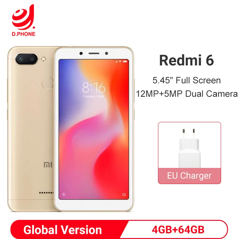Первоначально Глобальный Версия Xiaomi Redmi 6 4 GB 64 GB смартфон Helio P22 Восьмиядерный Процессор 12MP+ 5MP две камеры 5,4" 18:9 полный Экран
