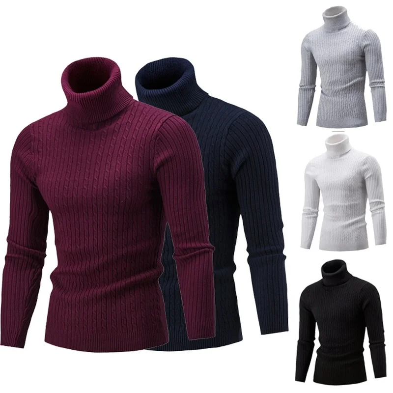 

ZOGAA Autumn Winter Mens Knitwear Sweater High-necked Solid Long Sleeve Twist Stripes Bottoming Turtleneck Sweaters Pullover