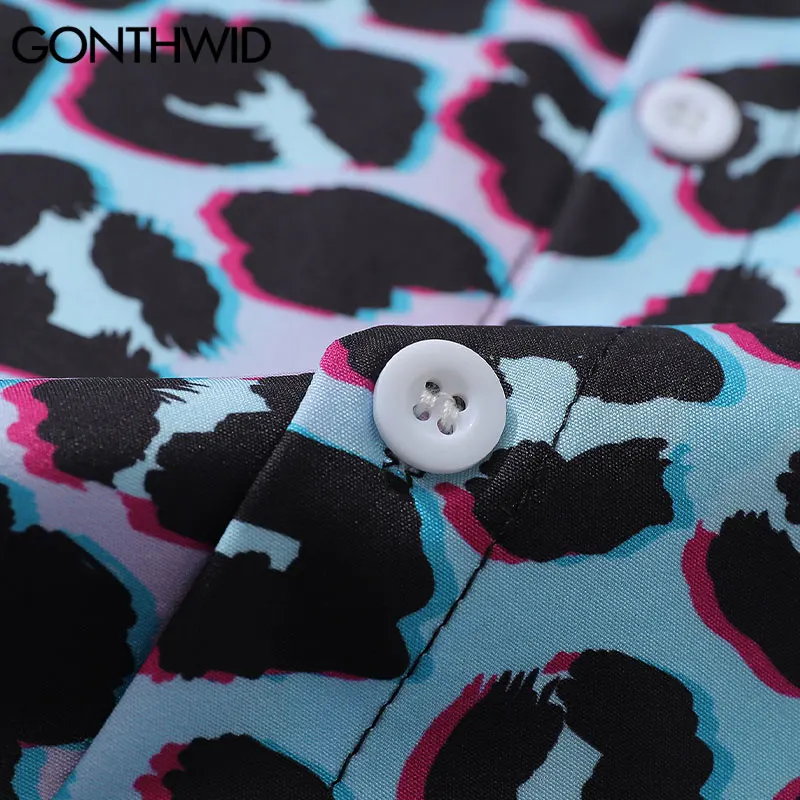 

GONTHWID Hawaiian Beach Shirts Harajuku Leopard Print Shirt Streetwear Mens Hip Hop Casual Summer Tropical Holiday Fashion Tops