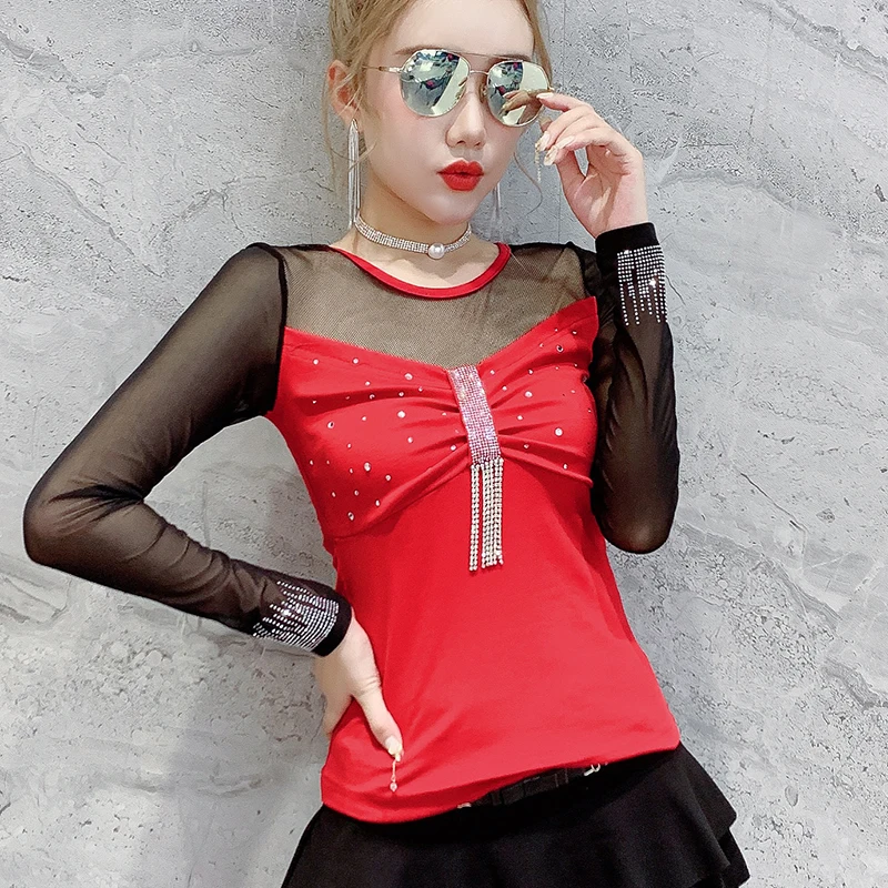 Футболка женская сетка со стразами пряжи Сезон весна-осень В стиле панк-рок топы