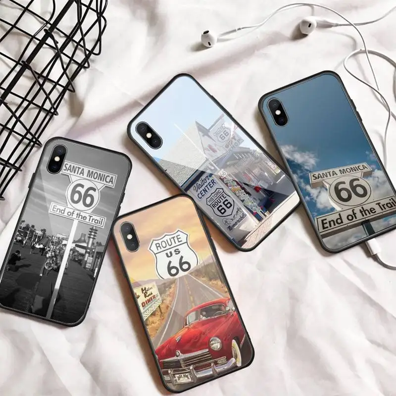 

Route 66 pattern Phone Case Tempered glass For iphone 6 7 8 plus X XS XR 11 12 13 PRO MAX mini