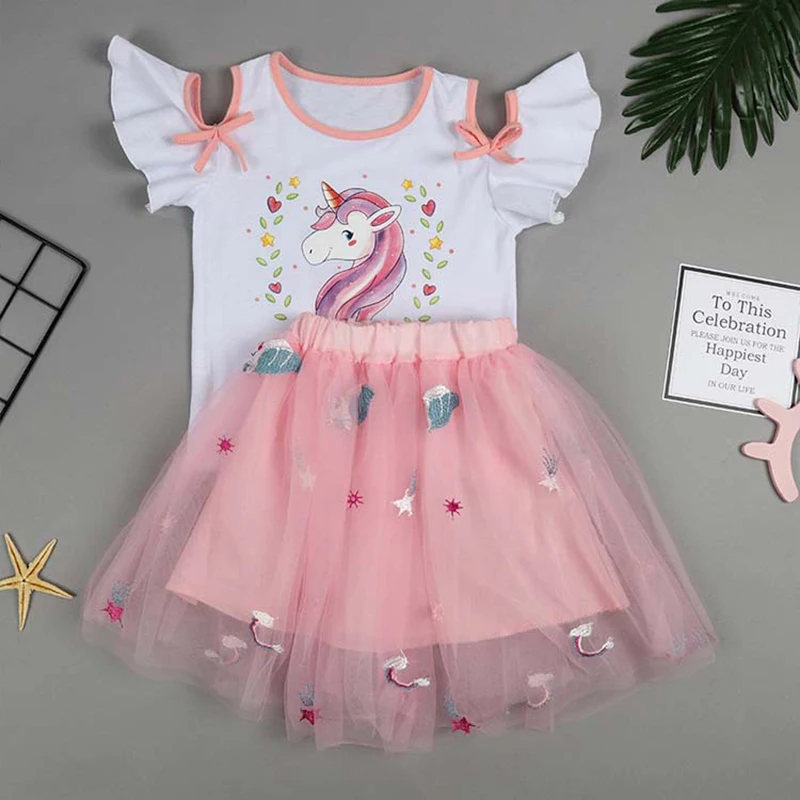 

Children Set Baby Girls Clothes Summer Fashion Toddler Girls Clothes Unicorn T-shirt And Skirt For Tracksuit Suit Kids Clothes