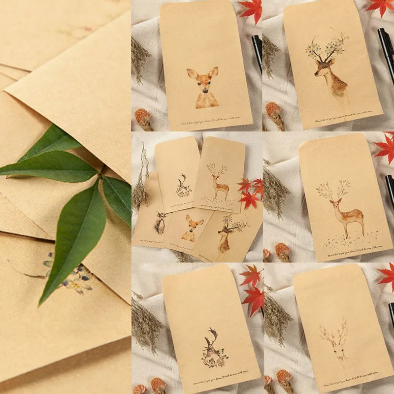 

10 шт./компл. конверт с оленем «сделай сам», милые и милые конверты из крафт-бумаги в стиле ретро, Подарочная карточка, офисные канцелярские пр...