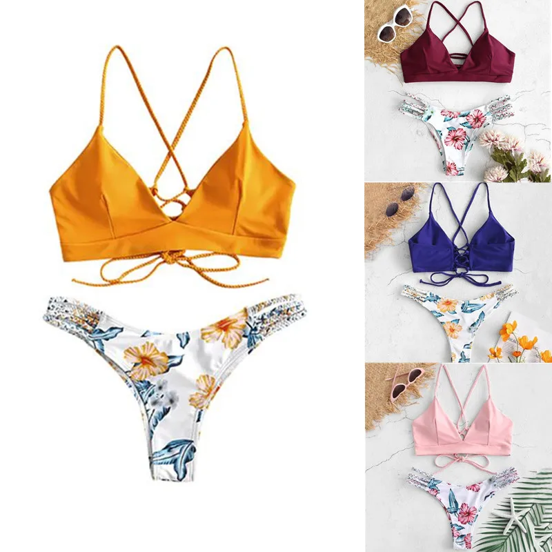 

Sexy Women Bra Set Flower Print Two Piece Swimsuit Sleeveless Swimwear Beachwear Off Shoulder Bra Suits Female Underwear Set