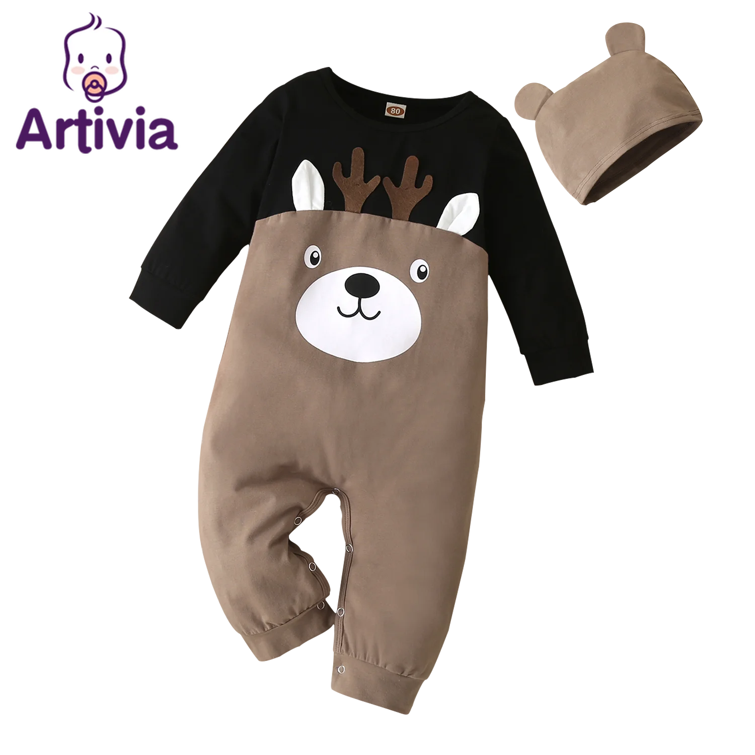 

Newborn Baby Cartoon brown deer Print Clothes Romper Autumn Winter Newborn Infant Long Sleeve Jumpsuit+brown Blue Outfits 3-24M