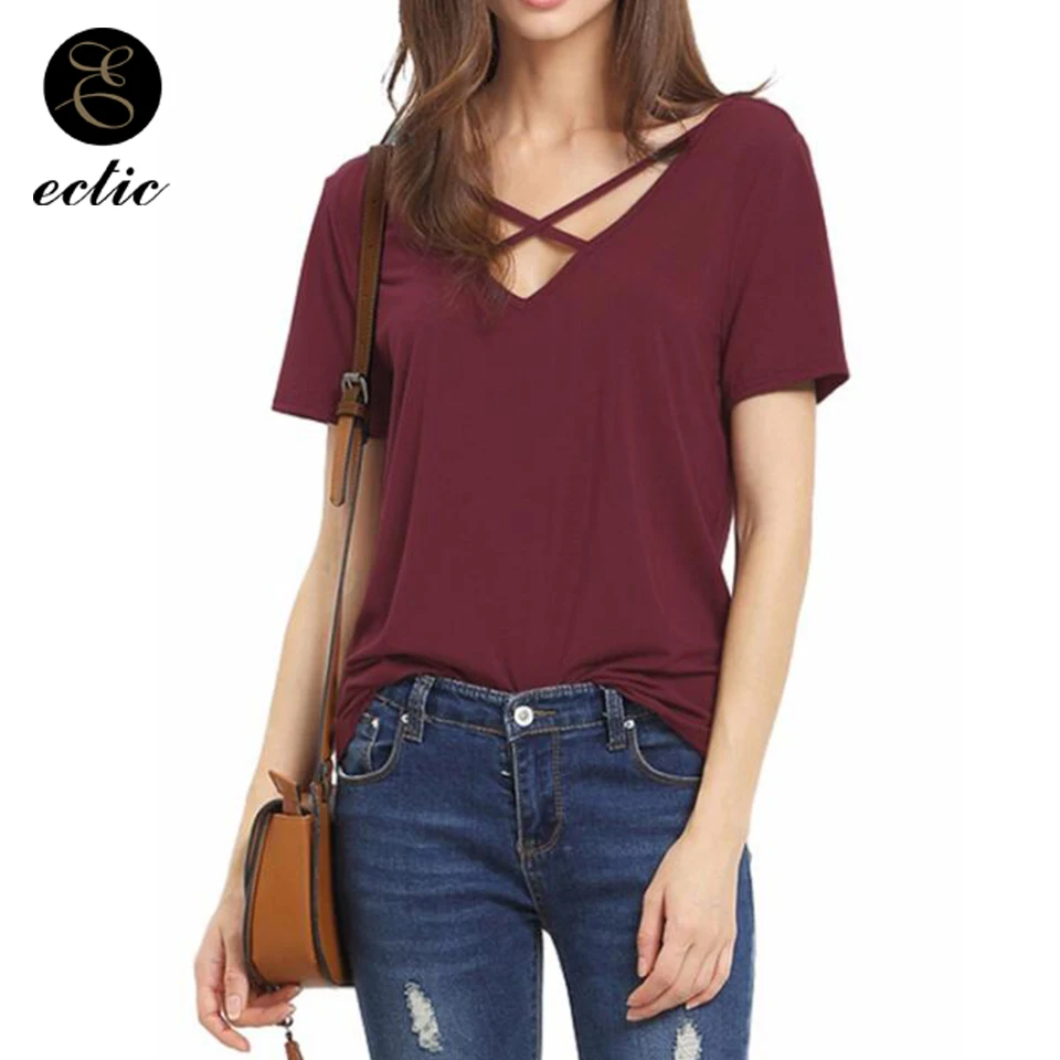 Глубокий V Образным Вырезом Погружение Футболка Женщина Хипстер Одноцветный