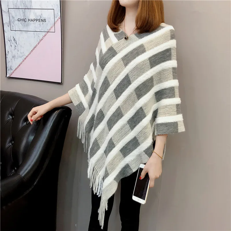 Женское зимнее вязаное кашемировое Пончо Накидки шаль кардиганы свитер пальто |