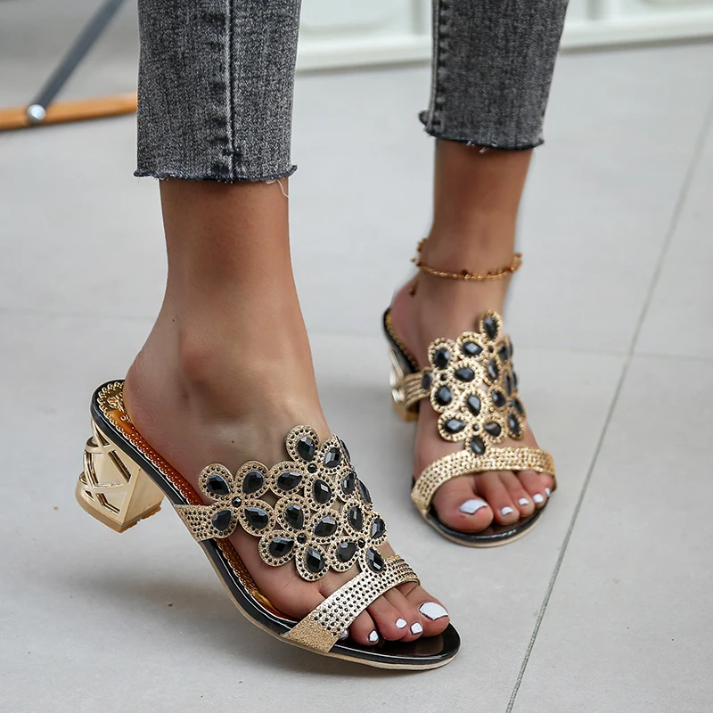 

Summer Sandals 2021 Shoes Women Slippers High Heels Luxury Rhinestone Women's Shoes with Diamond-studded Chunky Heels Sandals