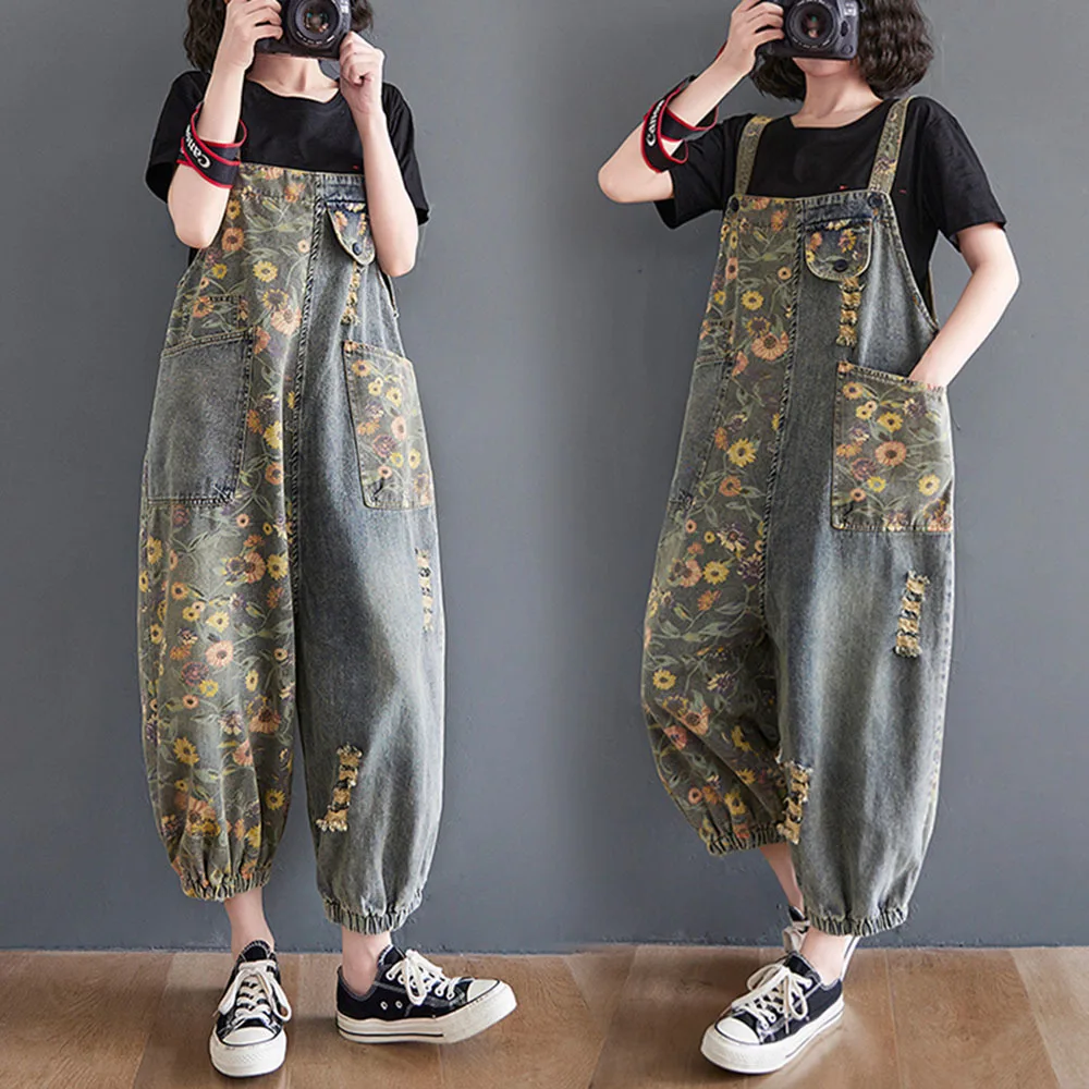 

Retro Denim Jumpsuits Women Pockets Jeans 2022 New Loose Casual Strap Printed Floral Rompers Vintage Ripped Spliced Harem Pants