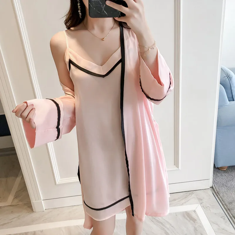 

Female Satin Nightgown Intimate Lingerie Nightdress Sleepwear Casual 2PCS Nighty&Robe Suit Sexy Kimono Bathrobe Gown Homewear