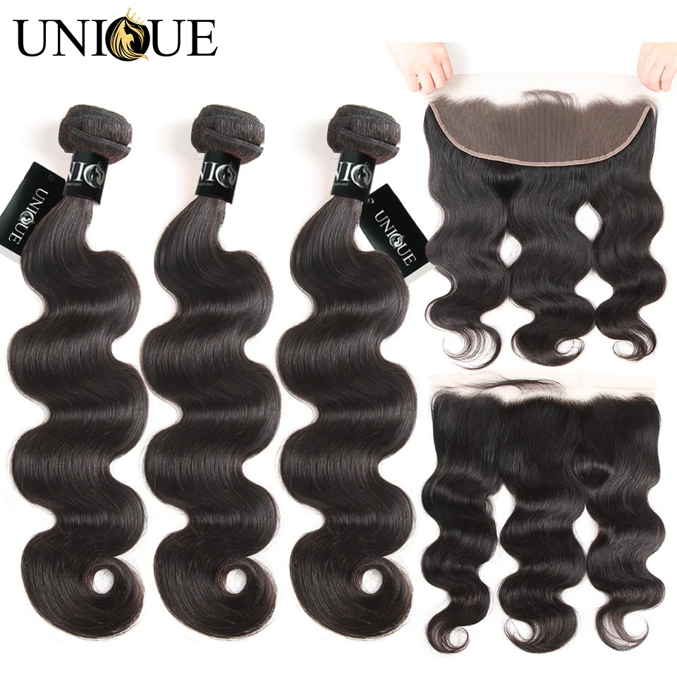 Yolissa человеческие волосы волнистые пучки с фронтальной 3 бразильских локонов 13x4