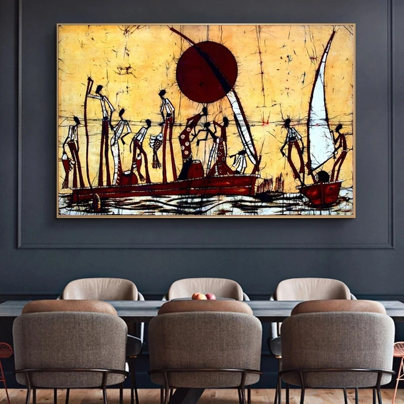 

Abstract African Figure Sailboat Landscape on Canvas Painting Posters and Prints Cuadros Art Wall Picture for Living Room