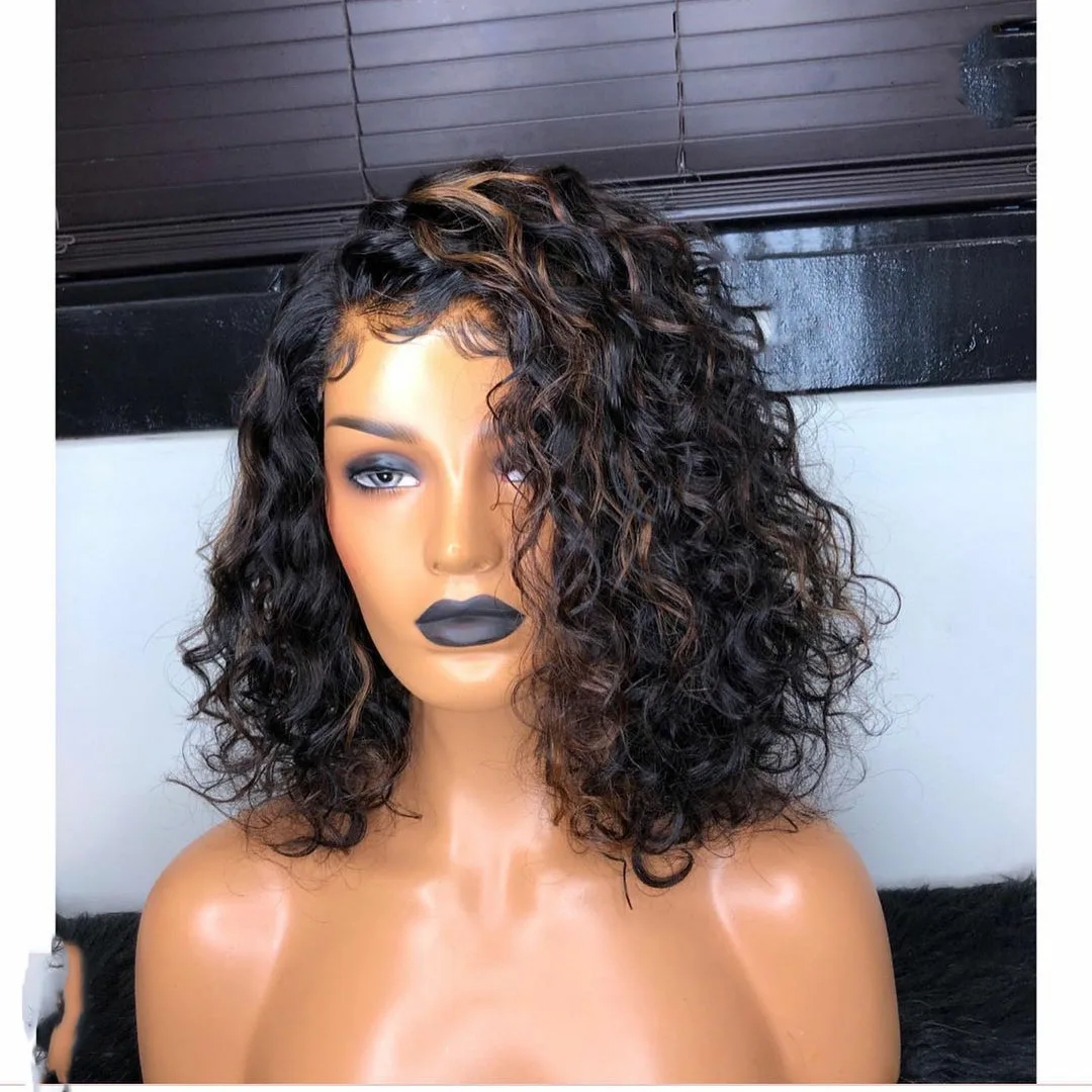 

Natural Black Highlight Brown Short Bob Free Part Lace Wigs With Baby Hair Fuffy Curly Pre Plucked For Black Women Glueless Wig