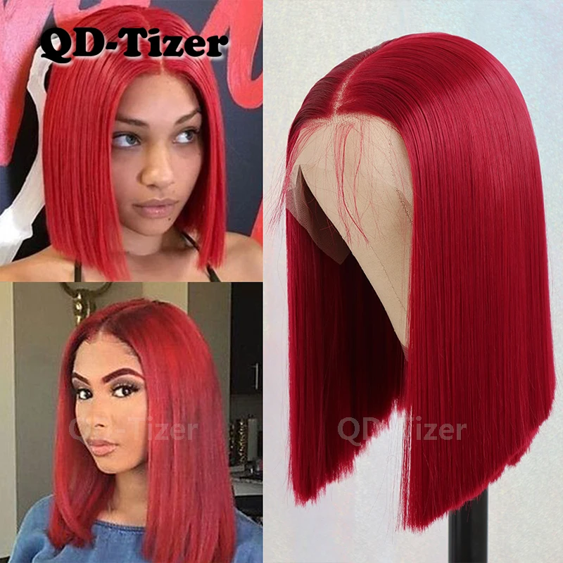 QD Tizer 13*6 красный цвет передний парик короткий бесклеевой термостойкий