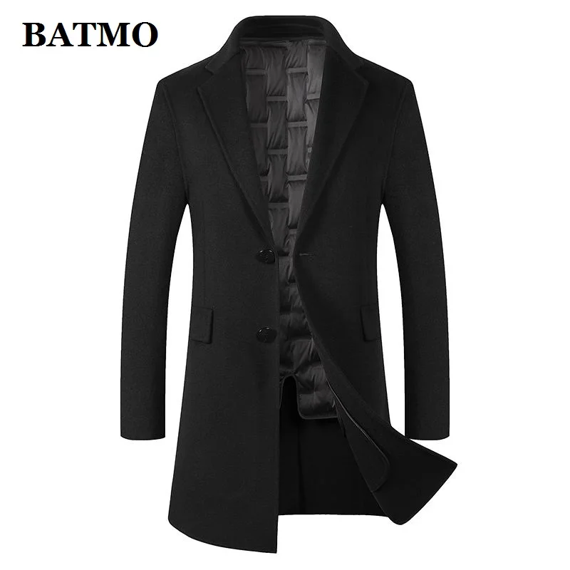 Мужской шерстяной Тренч BATMO черный длинный на белом утином пуху с подкладкой