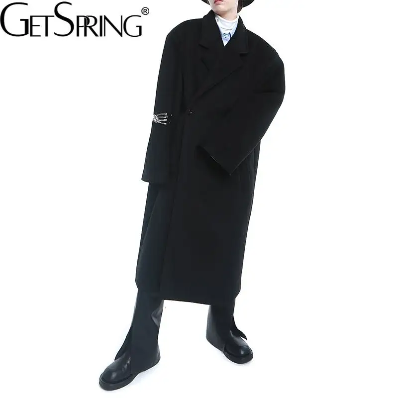 

Getspring Women Woolen Coat Black Warm Lining Long Winter Overcoat Solid Color Casual Vintage Women Coats And Jackets Winter