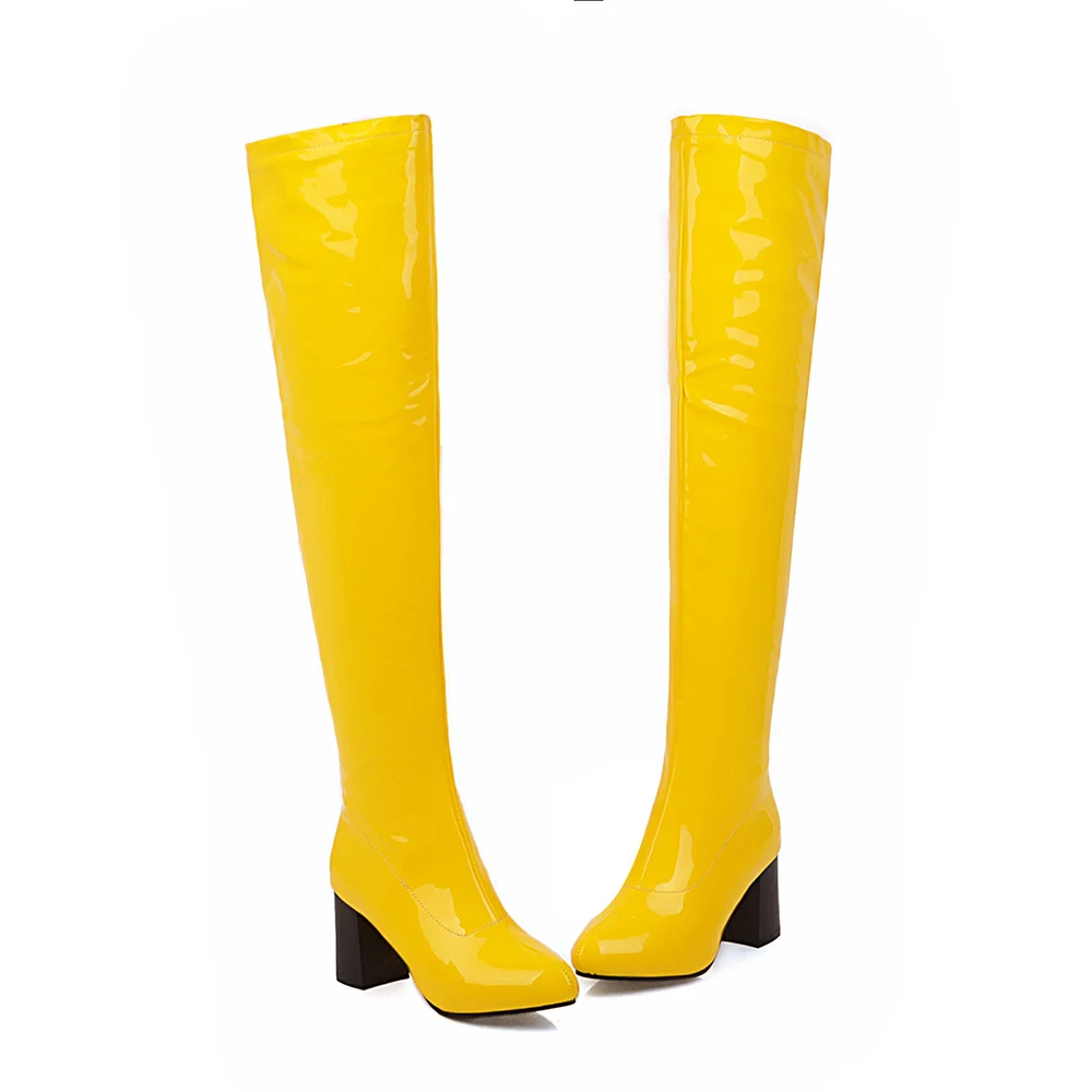 Yellow Thick Lining Г., новые женские зимние блестящие сапоги до бедра черного и белого цвета женская обувь на высоком каблуке ES756, большие размеры 10, 43, 45, 48 - Цвет: Yellow Thick Lining