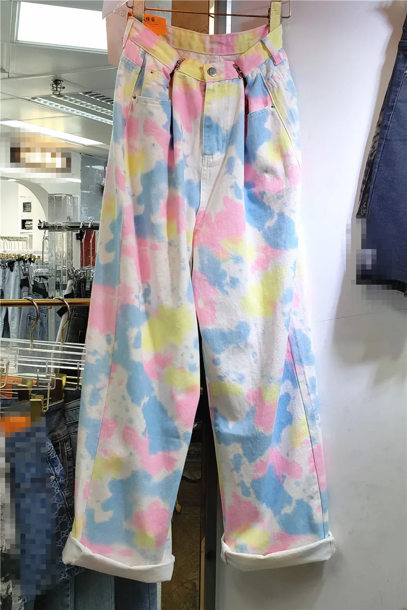 

High Street Tie-Dyed Rainbow Wide-Leg Jeans Pants Women's Fashion Loose Casual Denim Pants Fried Street All-match Mop Trousers